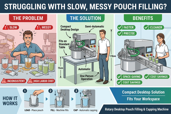 A rotary desktop stand-up pouch filling and capping machine in operation