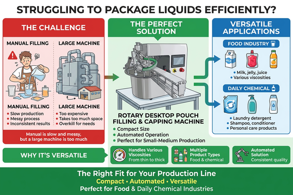 A rotary desktop stand-up pouch filling and capping machine packaging juice pouches.