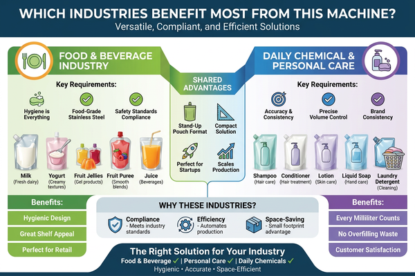 An array of stand-up pouches for different industries like food and cosmetics.