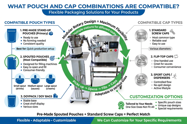 Different types of spouted stand-up pouches and caps.