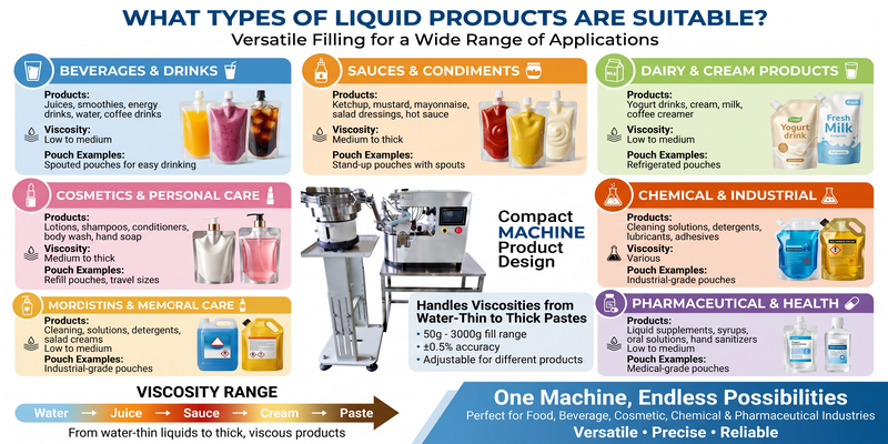 What Types of Liquid Products Are Suitable for a Rotary Desktop Stand-Up Pouch Filling and Capping Machine?