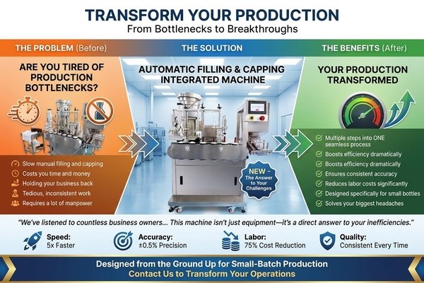 An automatic small bottle filling and capping integrated machine in a clean factory setting