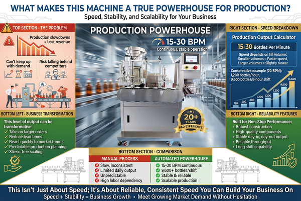 The machine operating at full speed with a blur of bottles moving along the conveyor