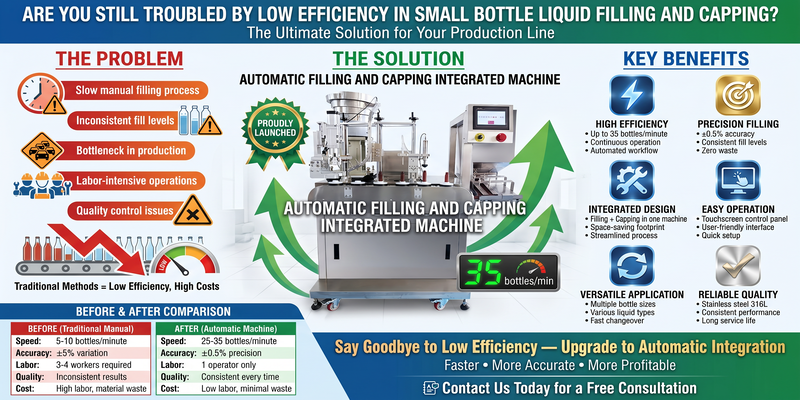 Are you still troubled by low efficiency in small bottle liquid filling and capping?We proudly launch our automatic filling and capping integrated machine.