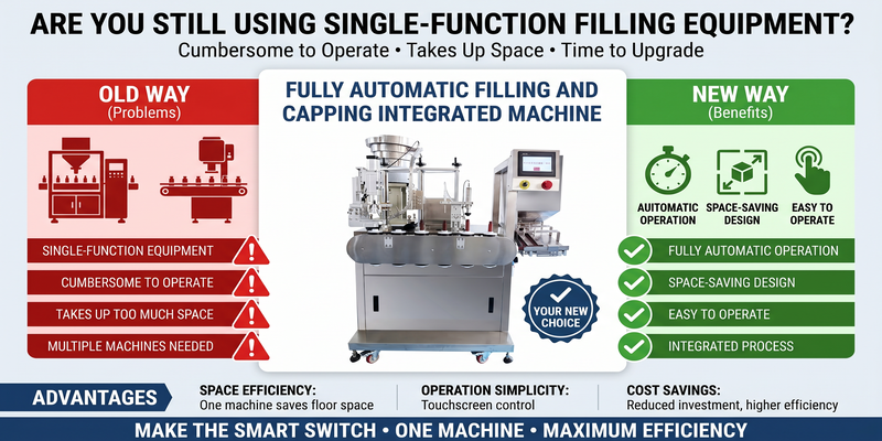 Are you still using single-function filling equipment that is cumbersome to operate and takes up space?— The fully automatic filling and capping integrated machine is your new choice.