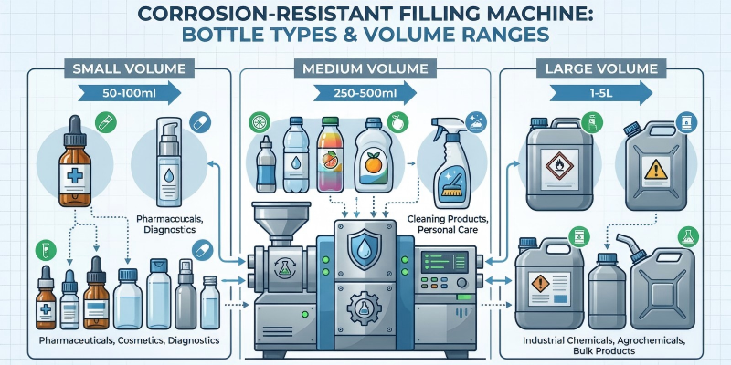 What bottle types and volume ranges does the corrosion-resistant filling machine support?