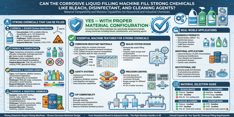 Can the corrosive Liquid Filling machine fill strong chemicals like bleach, disinfectant, and cleaning agents?
