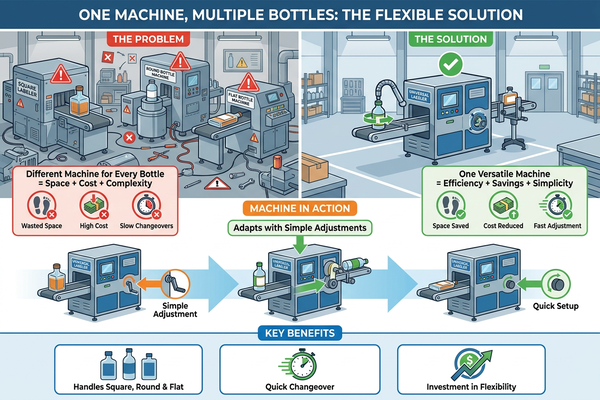 A versatile labeling machine applying labels to different bottle sizes