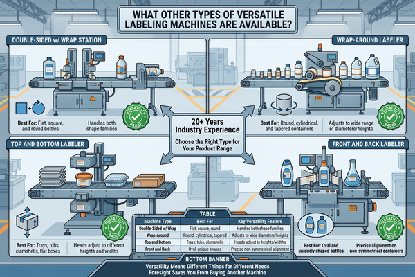 Different types of labeling machines in a factory setting