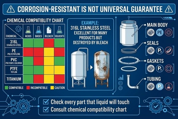 A chemical compatibility chart showing different materials and chemicals