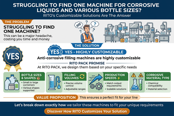 An anti-corrosive filling machine handling multiple bottle sizes
