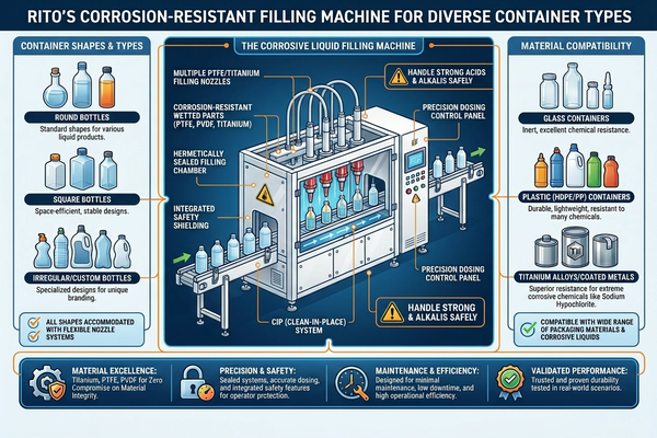 A corrosive liquid filling machine handling different types of bottles
