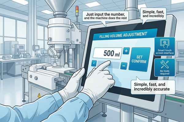 An operator adjusting the filling volume on the touch screen of an anti-corrosive filling machine.