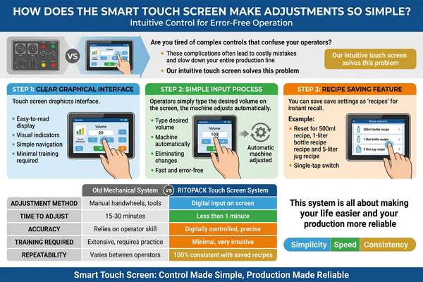 A close-up of the intuitive user interface on the filling machine's touch screen.