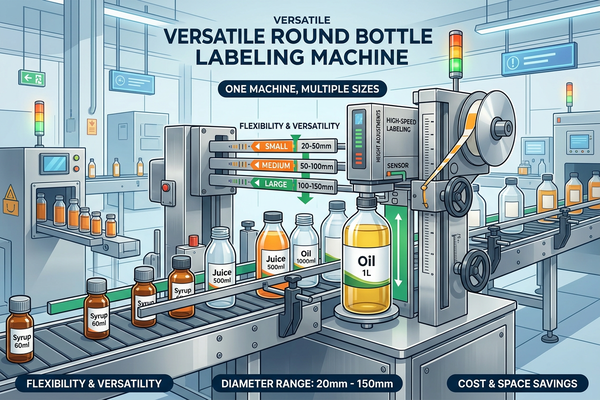 A versatile round bottle labeling machine handling different bottle sizes