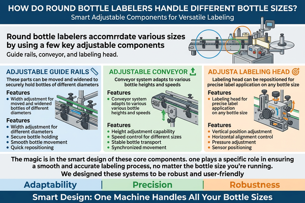Close-up of adjustable guide rails on a labeling machine