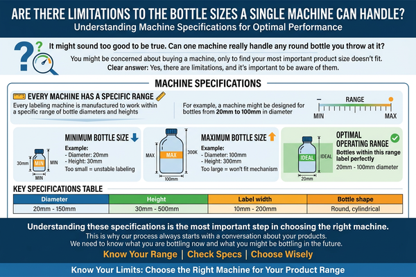 A diagram showing the minimum and maximum bottle size range for a labeler