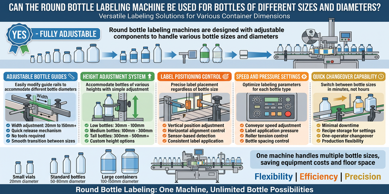 Can the round bottle labeling machine be used for bottles of different sizes and diameters?
