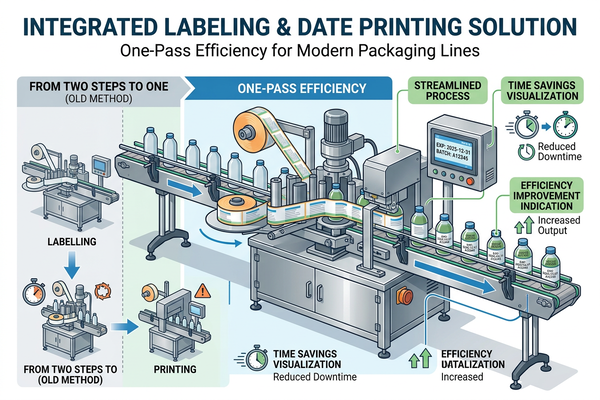 Round bottle labeling machine with an integrated date printer