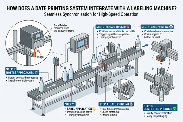 Close-up of a date printer on a labeling machine conveyor