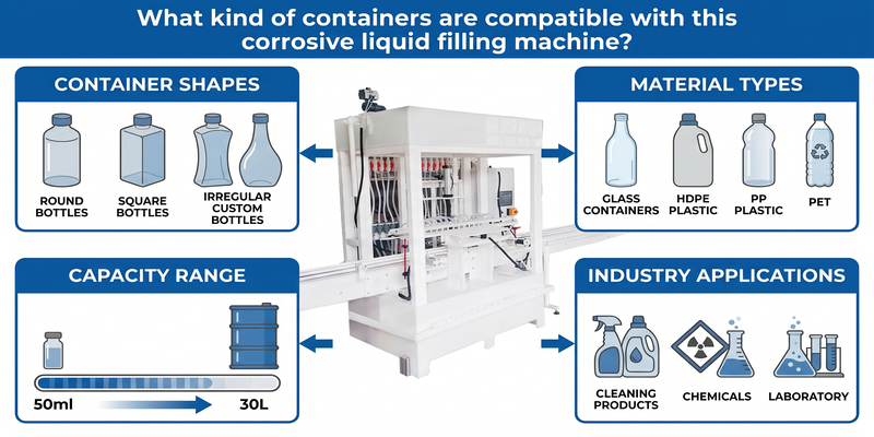 What kind of containers are compatible with this corrosive liquid filling machine?