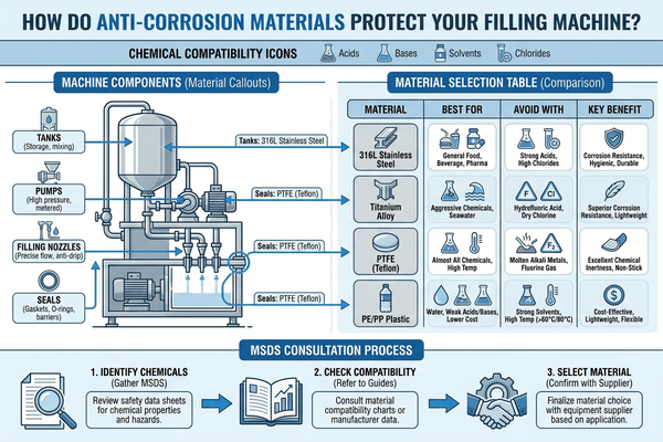 Close-up of corrosion-resistant materials on a filling machine