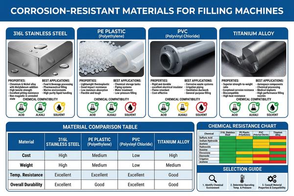 Close-up of different corrosion-resistant materials like stainless steel and PE plastic